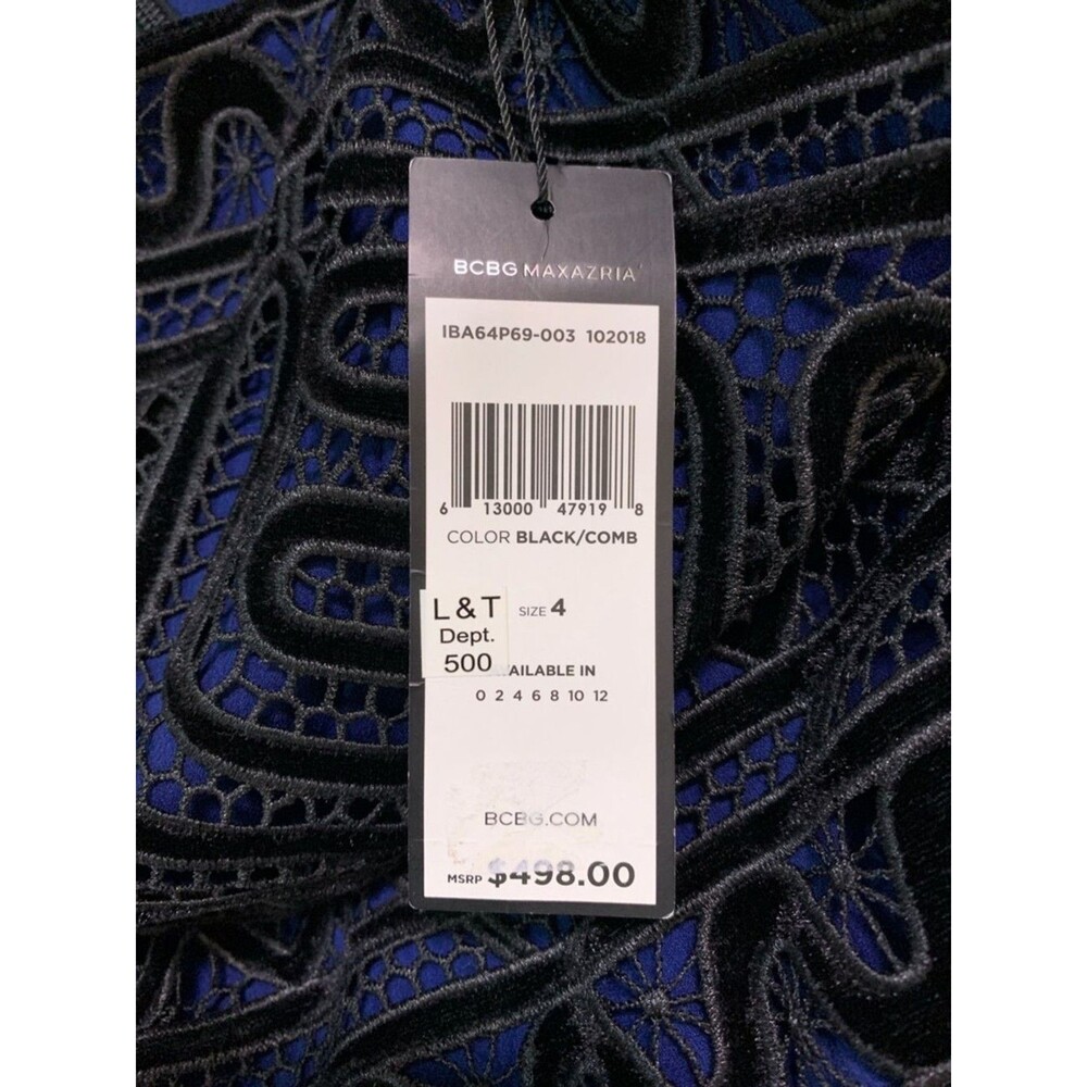 BCBGMAXAZRIA Velvet Embroidered Tulle Midi Dress Strapless Navy Black Women’s 4 - Picture 7 of 9
